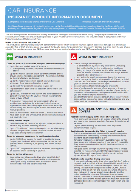 Autosan Motor Insurance Product Information Document